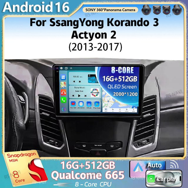 RSNAVI Android 16 QLED Autoradio mit GPS und 4G für SsangYong Korando 3 und Actyon 2 (2013 - 2017), Multimedia Videoplayer mit CarPlay, Schwarz - Bild 1