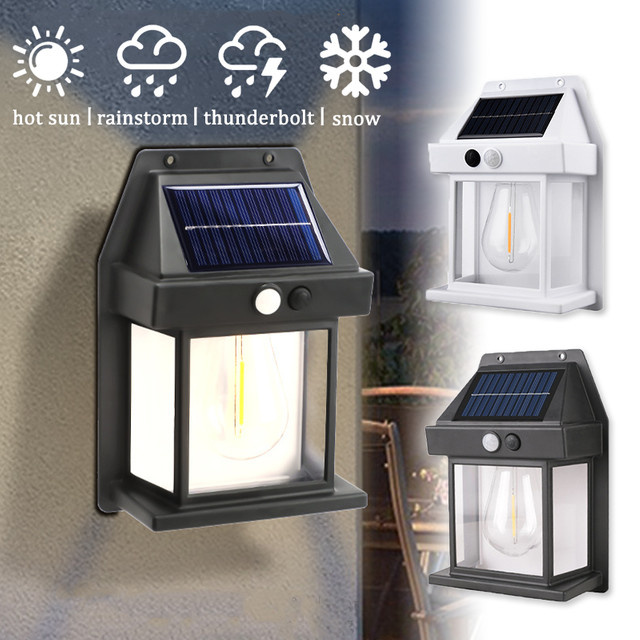 Wolfram Vintage Solar Wandleuchte mit Bewegungsmelder, IP65 Wasserdichte Außenbeleuchtung in Schwarz für Garten und Terrasse - Bild 1