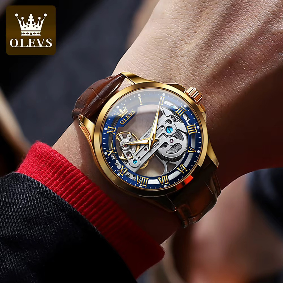OLEVS Armbanduhr Automatik, Leder, Gold, Blau, Herren - Bild 5
