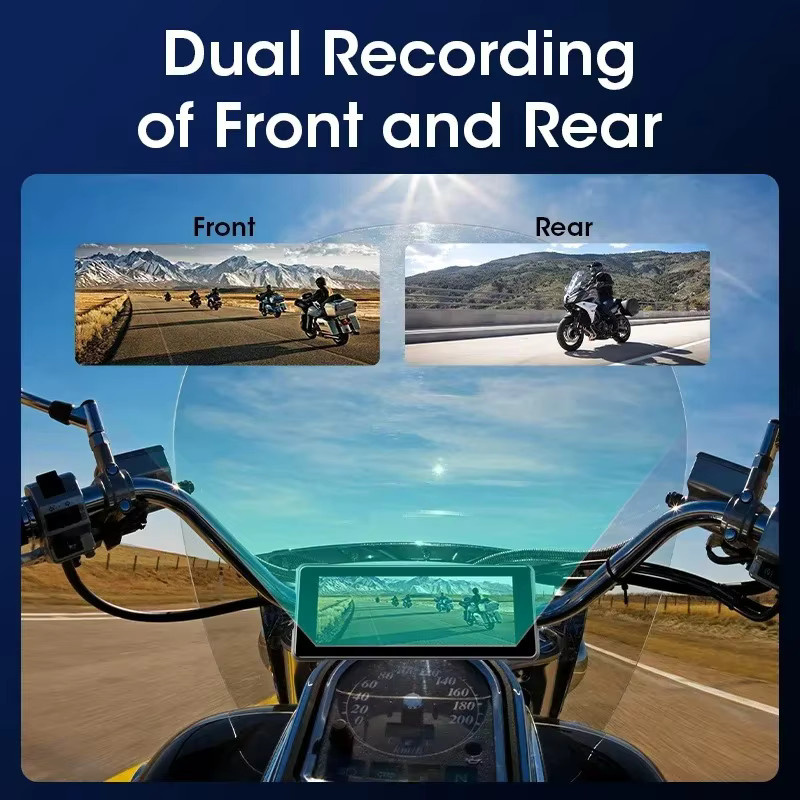 Srnubi Motorrad Dash Cam mit 6.86 Zoll Display, GPS, Wireless CarPlay und Android Auto, Dual Kamera vorne und hinten, IP67 wasserdicht, Schwarz - Bild 5