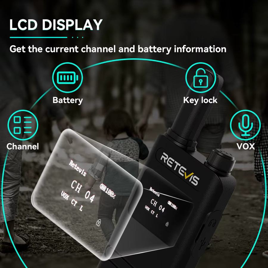 Retevis B63S Mini-Walkie-Talkies 3. Generation RT22 mit LCD-Bildschirm, PMR446/FRS, wiederaufladbar, Schwarz, 6er-Pack - Bild 2