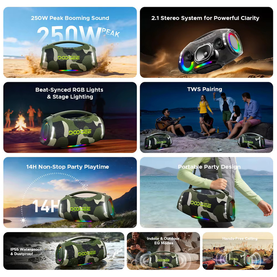 DOOGEE Wild Boom Pro Bluetooth Speaker, 250W RMS Boombox, IP55 wasserfest, tragbarer Outdoor Lautsprecher mit farbiger Beleuchtung, Schwarz - Bild 1