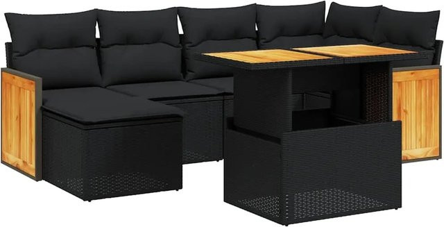 vidaXL 7-tlg. Garten-Sofagarnitur aus Polyrattan in Schwarz mit Kissen und Couchtisch im L-Shape Design - Bild 1