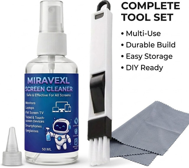 MIRAVEXL Bildschirmreiniger-Set mit 50ml Spray, Mikrofasertuch und Reinigungsbürste für Handys, Laptops, Fernseher und Brillen - Bild 1