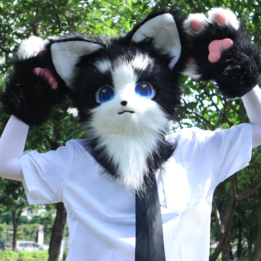 Tier Katze Fursuit Kopfmaske Furry und Therian Pfotenhandschuhe Set für Halloween Cosplay Kostüm Zubehör One Size - Bild 3