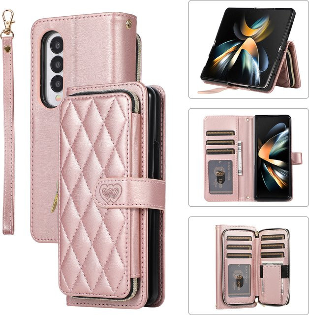 Samsung Galaxy Z Fold Brieftaschenhülle mit Kapazitätskartenhalter, Umhängeband, Reißverschluss und Magnetverschluss in Green und Pink - Bild 1