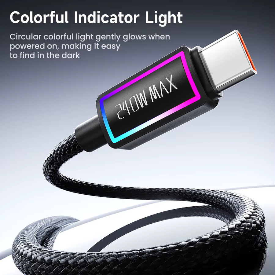 Toocki USB-C auf USB-C Schnellladekabel mit RGB-Beleuchtung, 240 W, 5 A, PD3.1 und QC4.0, Schwarz/Multicolor - Bild 2