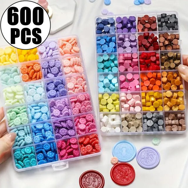QWELL Siegelwachsperlen Set mit 600 Stück in 24 Farben, achteckige Sonnenblumen-Siegelwachspellets für Wachssiegelstempel, Multicolor - Bild 1