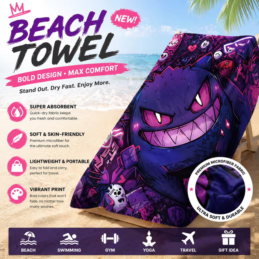 Potdemiel Pokémon Gengar Strandtuch in Lila, schnell trocknendes Mikrofaser-Badetuch für Kinder - Bild 2