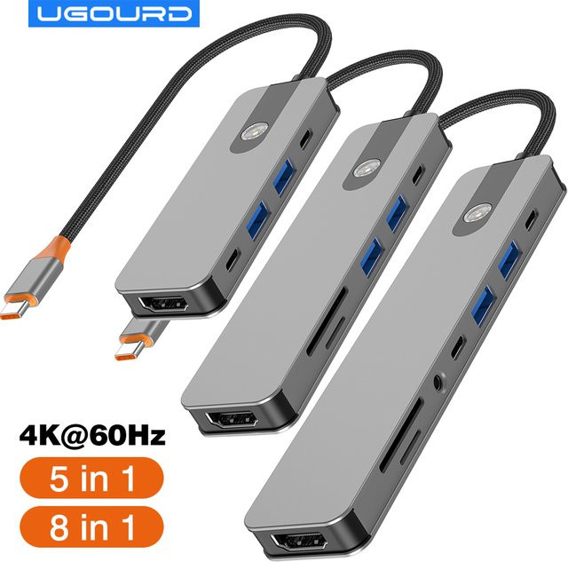 UGOURD 5 in 1 USB-C Dockingstation mit HDMI 4K 60Hz, USB 3.0, PD, SD, TF und 3,5 mm Klinke in Grau - Bild 1