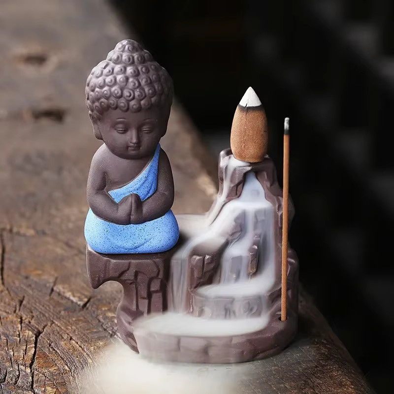 MINIDEAL Keramik Wasserfall Weihrauchbrenner mit Mönch und Bodhisattva Buddha in Gelb und Braun - Bild 2
