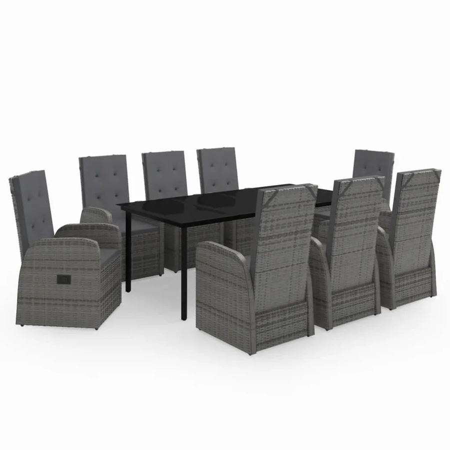 vidaXL 9-tlg Garten-Essgruppe aus PE-Rattan und pulverbeschichtetem Stahl in Grau mit Glasplatte und Auflagen - Bild 2