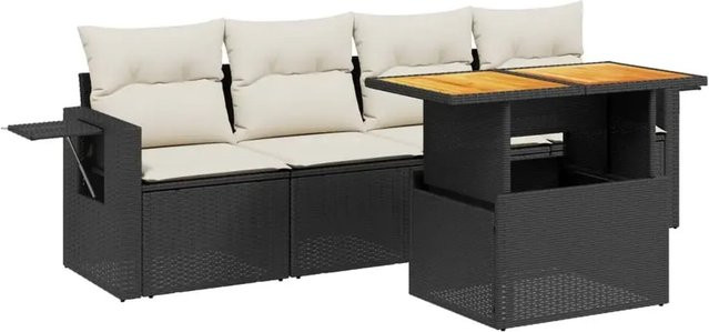 vidaXL 5-tlg Garten-Sofagarnitur aus schwarzem PE-Rattan mit Kissen und Tisch aus Akazienholz - Bild 1