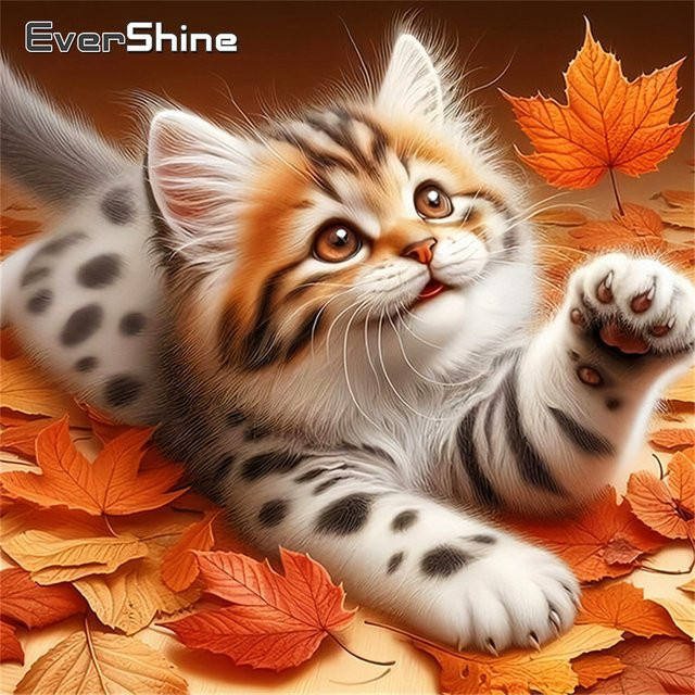 Evershine Diamantmosaik Katze mit Blättern als Wanddekoration, Vollbohrer Stickerei Set, Mehrfarbig, B/H: 20 x 20 cm - Bild 1