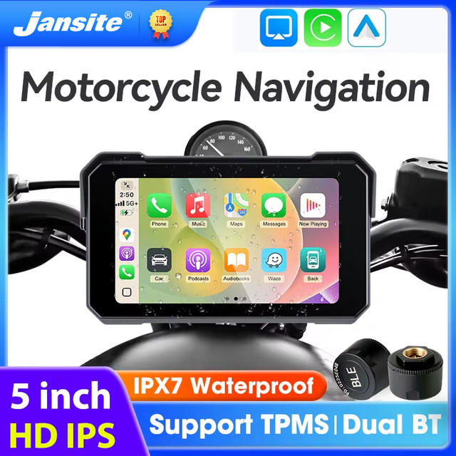 Jansite 5-Zoll Motorrad-Navigation mit CarPlay und Android Auto, kabellos, Dual Bluetooth, IPX7 wasserdicht, Schwarz - Bild 1