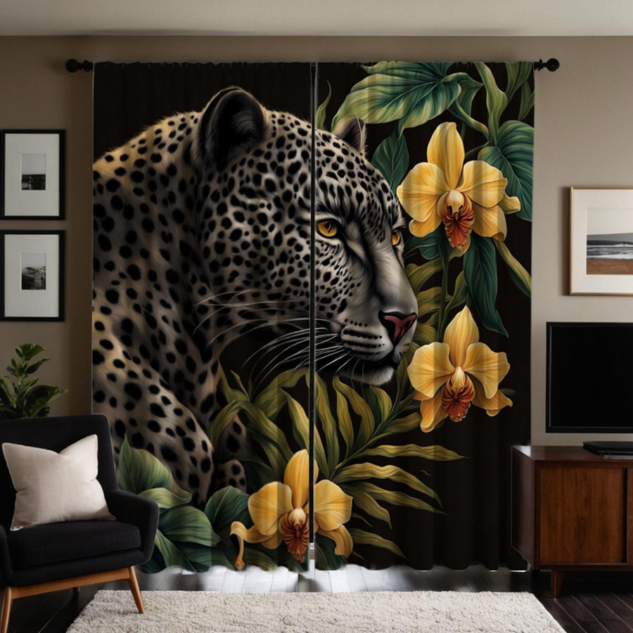 2er-Set Verdunkelungsvorhänge mit Wilden Leoparden-Print in Schwarz und Multicolour für Wohnzimmer und Schlafzimmer, Breite: 132 cm, Höhe: 160 cm - Bild 2