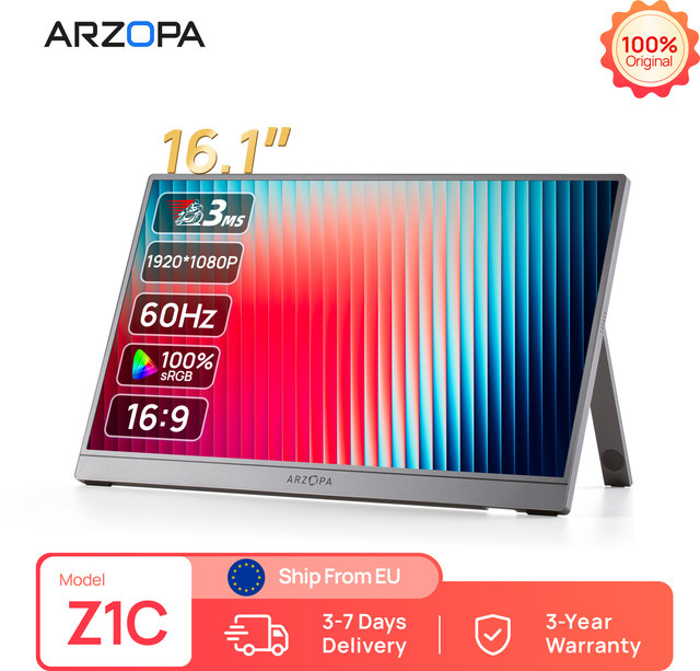 ARZOPA Tragbarer Monitor 16,1 Zoll Full HD 1920x1080 HDR10 60 Hz 100% sRGB Zweitbildschirm für Laptop, PC, PS5, Mac, Xbox, Grau - Bild 1