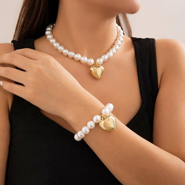 Kunjoe Halskette und Armband, Perle, Herz Anhänger, Gold, Damen - Bild 1