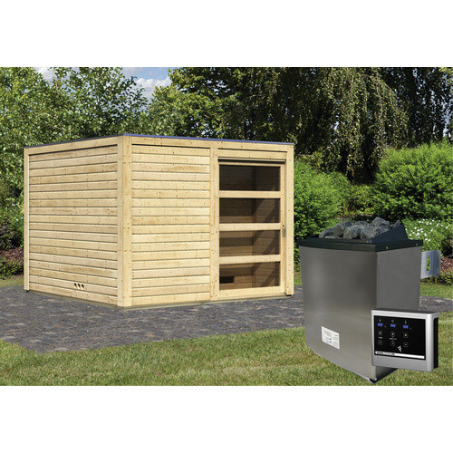 Karibu Saunahaus Kandau aus Fichtenholz in Beige mit 9 kW Ofen und externer Steuerung, B/T/H: 276 x 276 x 210 cm - Bild 2