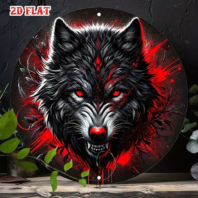 Potdemiel Metall-Wanddekoration Wolf heult den Mond an, rund, Schwarz und Rot, Durchmesser: 20 cm - Bild 1