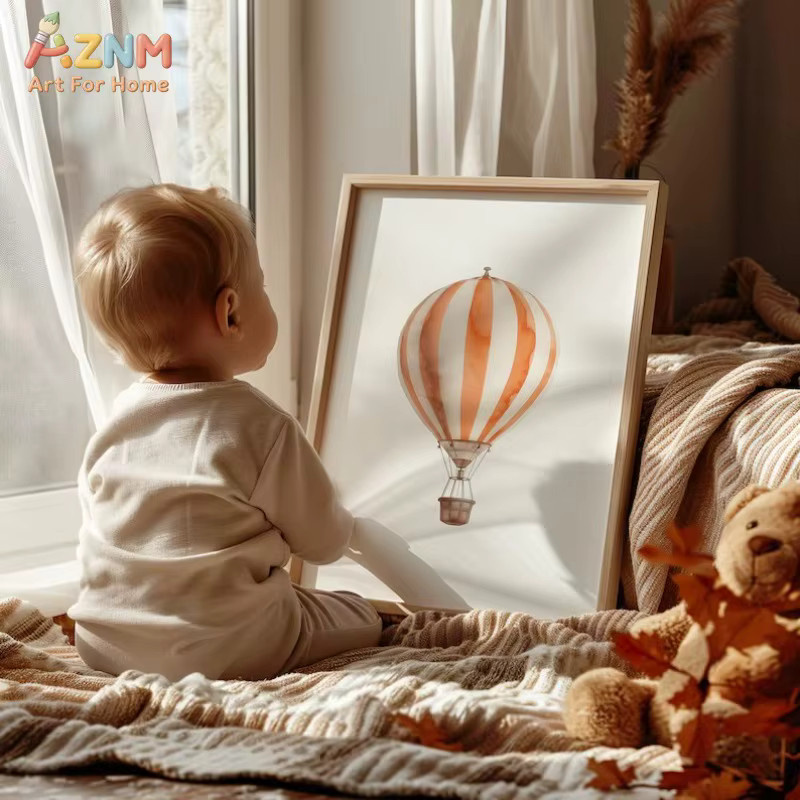 AZNM Aquarell-Heißluftballon Leinwand-Wandkunst in Pastellfarben für das Kinderzimmer, mehrfarbig, ohne Rahmen - Bild 3