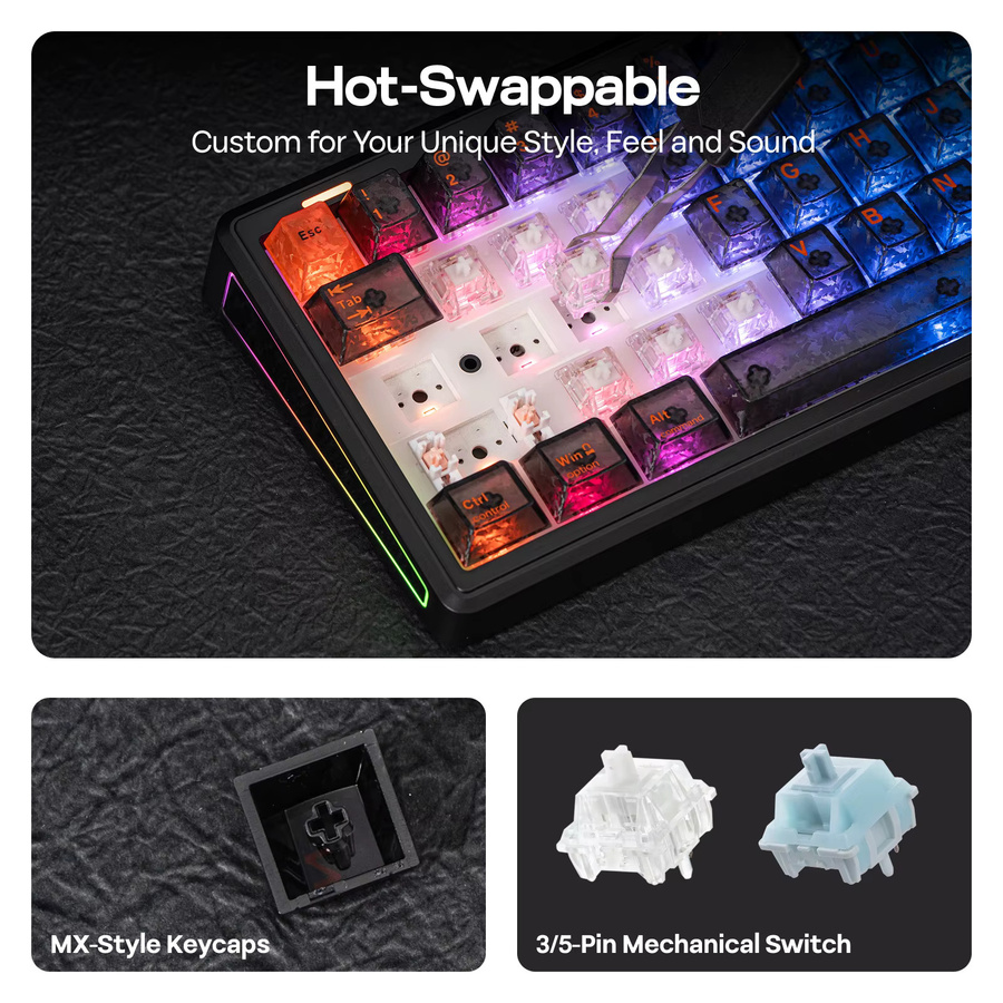 EPOMAKER TH65 Mechanische Tastatur 65% ANSI US-Layout in Schwarz mit Bluetooth, 2,4GHz und Kabelverbindung, 8000mAh Akku und Lautstärkeregler - Bild 3