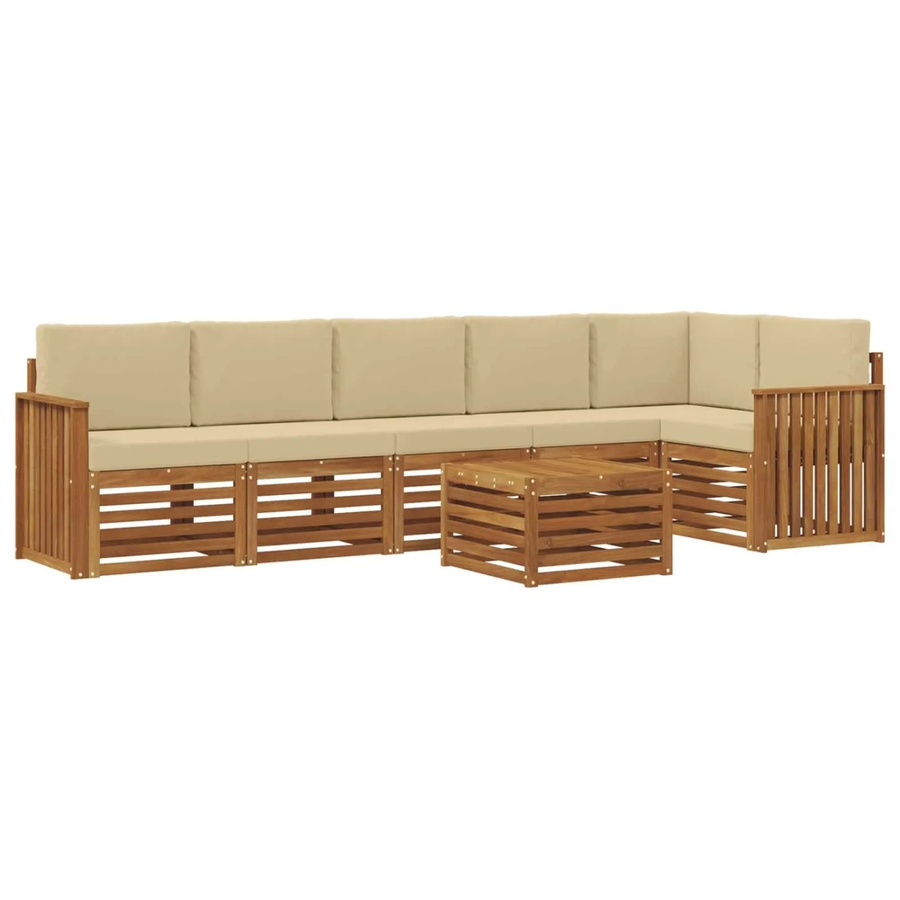 vidaXL Sofagarnitur 7-teilig aus Akazie Massivholz in Natur und Beige mit L-Form und Polsterkissen - Bild 2