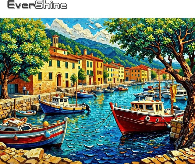 EverShine Diamantmalerei Küstenlandschaft mit Haus und Boot als quadratisches Strass-Mosaik in Multicolour, B/H: 30 x 30 cm - Bild 1
