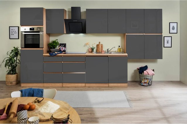 Respekta Küchenzeile ohne E-Geräte in Grau Hochglanz und Eiche Sägerau, Breite: 380 cm, Höhe: 220,5 cm, Tiefe: 60 cm - Bild 1