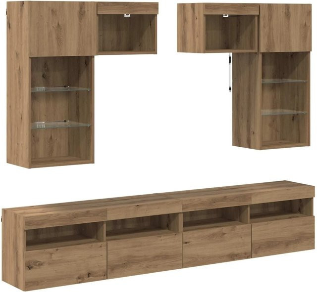 6-teiliges vidaXL TV-Wandregal-Set mit LED-Beleuchtung in Eiche Braun aus Altholz und Holzwerkstoff, Set bestehend aus: 2 x Regal L: 40,5 cm, B: 30 cm, H: 90 cm; 2 x Regal L: 40 cm, B: 30 cm, H: 30 cm; 2 x Regal L: 100 cm, B: 30 cm, H: 40 cm - Bild 1