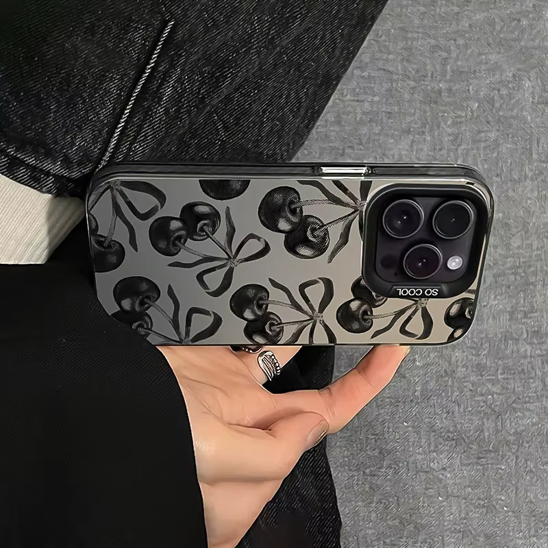 Apple Vitality Handyhülle aus galvanisiertem Laser-TPU mit Kirschmuster und schwarzer Schleife für iPhone 17 16 15 14 13 12 11 Pro Max Plus Mini und XS XR X 7 8 - Bild 3