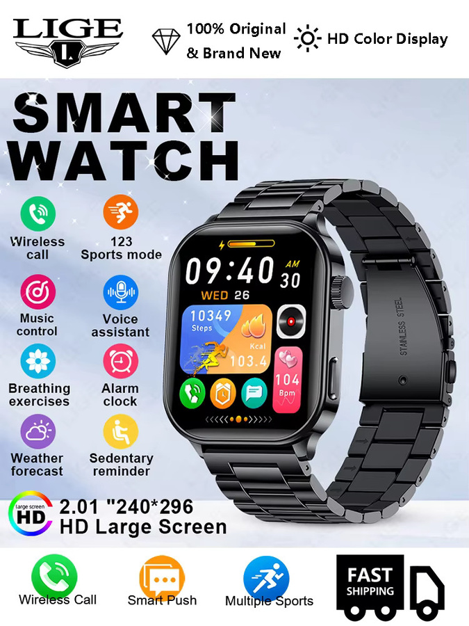 LIGE Smartwatch mit 2,01 Zoll Voll-Touchscreen, Herzfrequenz-Tracker und Bluetooth-Anruffunktion, Schwarz - Bild 7