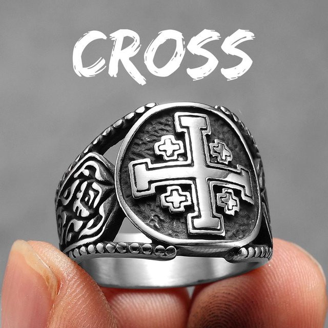 Yiran Jewelry Jerusalem Kreuzfahrer Kreuz Ring, Edelstahl, Silber, Unisex - Bild 1