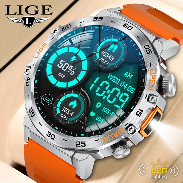 LIGE Smartwatch für Herren in Schwarz mit Ultra HD Bildschirm, LED-Taschenlampe, Bluetooth-Anruffunktion und Wasserdichtigkeit - Bild 1