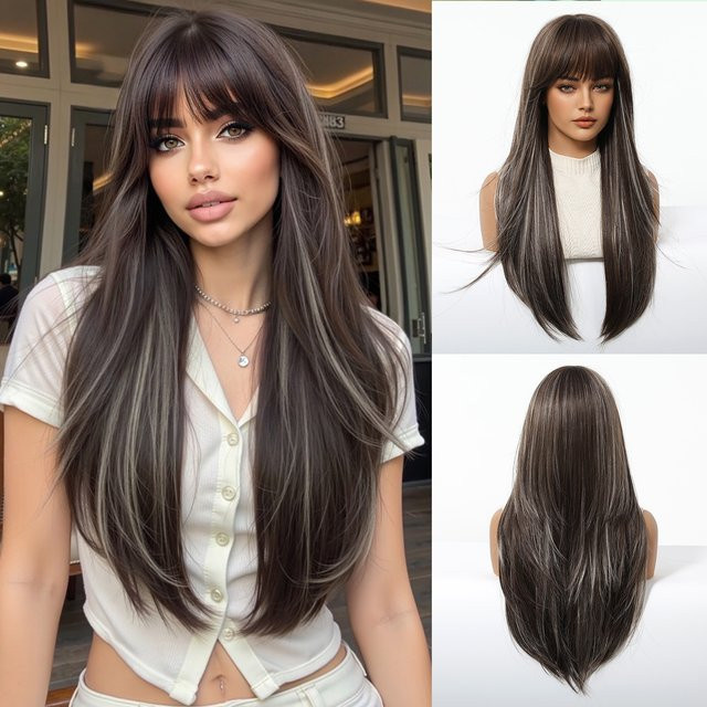 EASIHAIR Perücke, braun mit Platin-Highlights, lang gerade mit Pony, Damen - Bild 1