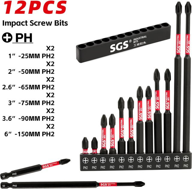 12-teiliges Set magnetische Kreuzschlitz-Schraubendreher-Bits aus S2-Stahl in Schwarz für Schlagschrauber - Bild 1
