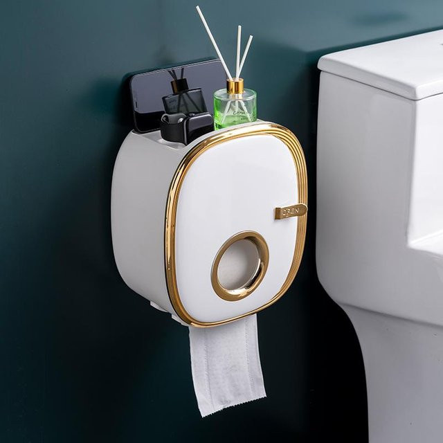LChome Toilettenpapierbehälterhalter und Taschentuchbox für die Wandmontage in Gold/Weiß mit integrierter Schublade, B/T/H: 25,0 x 22,0 x 13,5 cm - Bild 1
