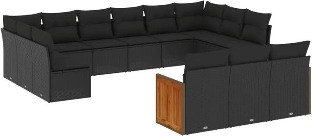 vidaXL 13-tlg. Garten-Sofagarnitur in U-Form aus Polyrattan und Akazienholz mit Kissen, Schwarz - Bild 1
