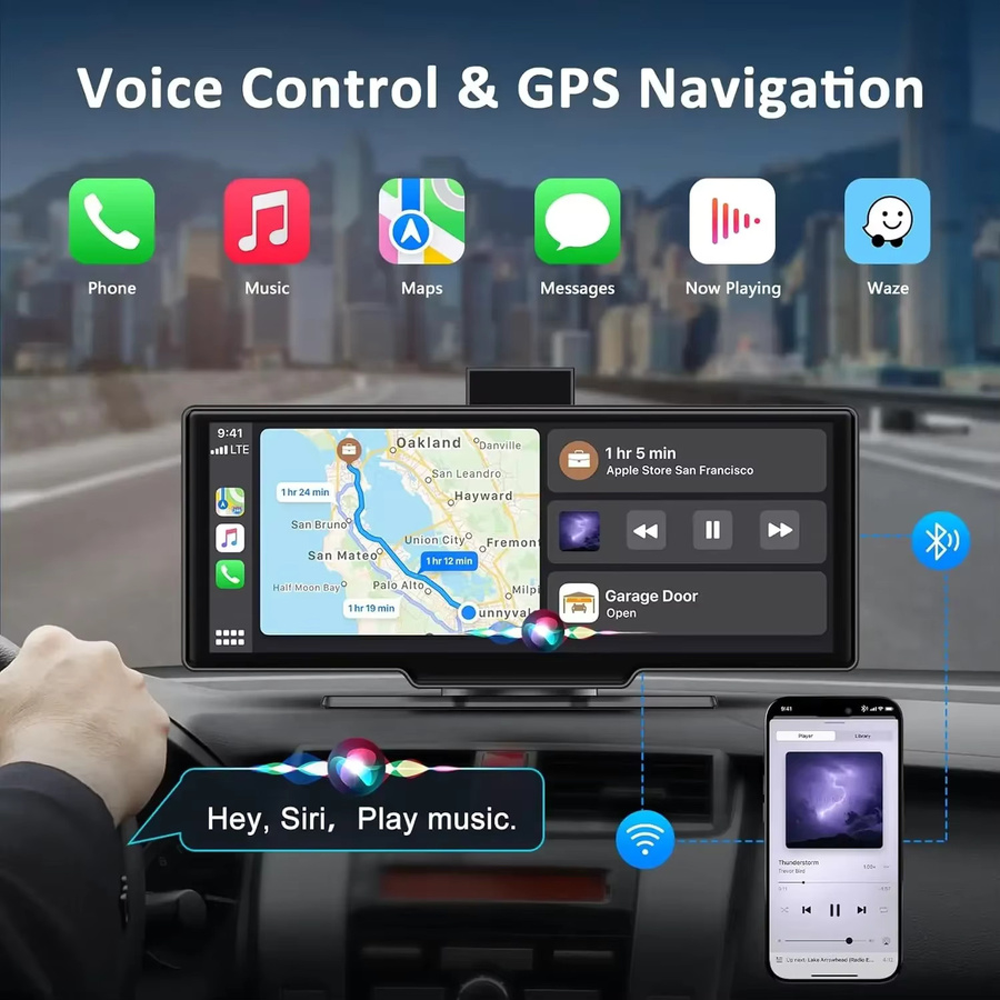 Srnubi 4K Dash Cam mit 10,26 Zoll Display, Wireless CarPlay und Android Auto, GPS Navigation, Nachtsicht, Bluetooth, AUX, Schwarz - Bild 3