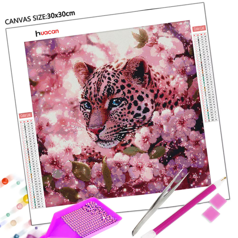 Huacan Diamantmalerei Leopard und Pflaumenblüte in Pink als moderne Wanddekoration - Bild 2