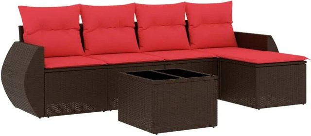 vidaXL 6-teiliges Gartensofa-Set in L-Form mit Polyrattan und Kissen, Braun/Rot - Bild 1