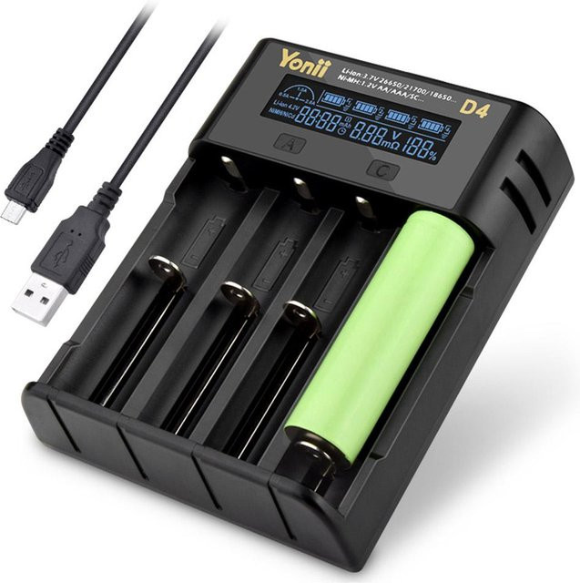 YONII D4 LCD Akkuladegerät mit 4 Steckplätzen für 18650, 21700, 26650 Lithium-Ionen sowie AA und AAA NiMH Akkus in Schwarz - Bild 1