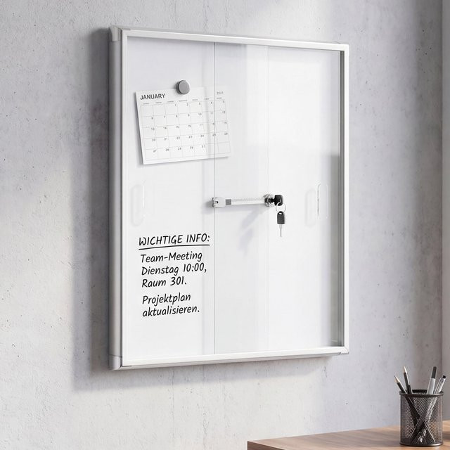 Abschließbarer Schaukasten MCW-Q50 als Magnettafel, Whiteboard und Pinnwand aus Aluminium in Silber und Weiß, B/T/H: 66 x 47 x 9 cm - Bild 1