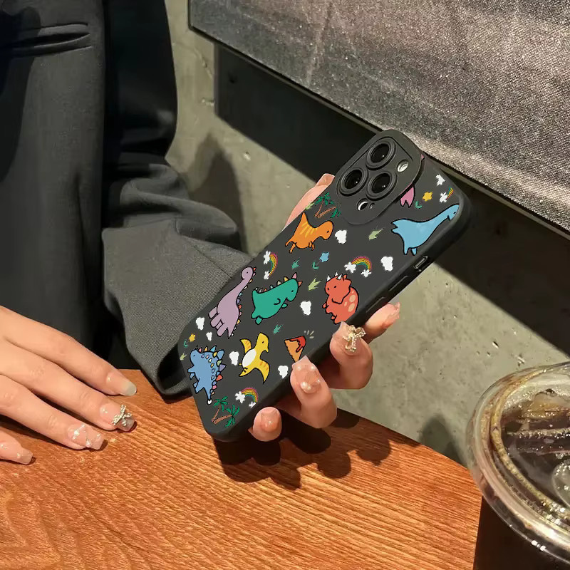 Bunte Handyhülle mit Cartoon-Dinosaurier und Blumen für iPhone 11 bis iPhone 17 Pro Max, weiche Abdeckung, Mehrfarbig - Bild 5