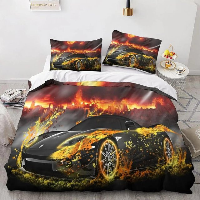 2-teiliges Bettwäscheset mit 3D Rennwagen-Print für Kinder und Teenager, Bettbezug und Kissenbezug in Multicolour, B/H: 140 x 200 cm - Bild 1