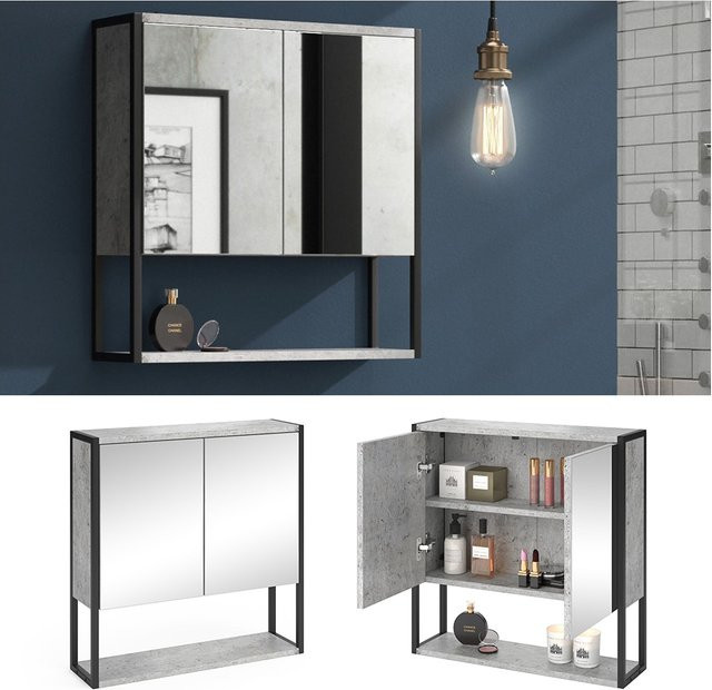 Vicco Spiegelschrank Fyrk in Beton-Optik Grau mit Ablagen und Metallgestell - Bild 1