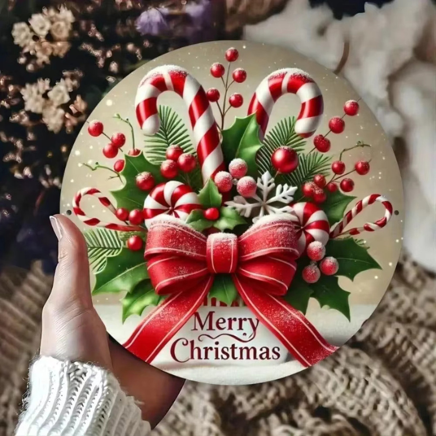 HELLOYOUNG Weihnachts-Blechschild mit Zuckerstangen-Design, runde Metall-Wanddekoration in Rot für dein Zuhause oder Café - Bild 3