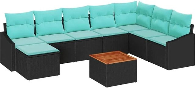 vidaXL Gartensofa-Set aus Poly-Rattan und Akazienholz in Schwarz, 9-teiliges L-Shape Lounge-Set mit UV-beständigen Kissen - Bild 1