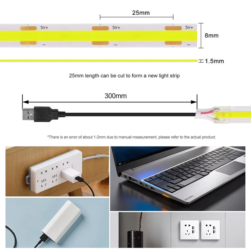KISUFU COB LED Streifen mit USB 2PIN Anschluss, 5V DC, Breite: 8 mm, 320 LEDs hohe Dichte, flexibler LED Band in Weiß - Bild 4