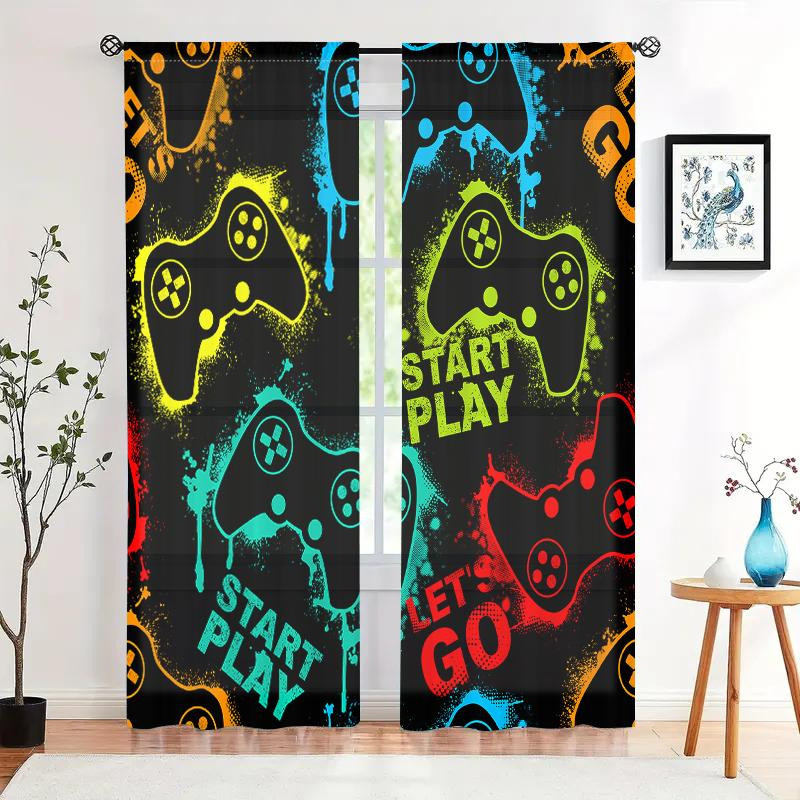 2er-Set halbtransparente Vorhänge mit Gamecontroller-Print in Multicolour, B: 150 cm, H: 166 cm - Bild 3
